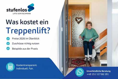 Treppenlift im Wohnhaus mit sitzender Person – Beispiel für Kosten und Einbausituation