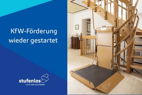 Plattformlift Omega von Lehner Lifttechnik an Holztreppe im Wohnhaus – KfW-Förderung für barrierefreies Wohnen