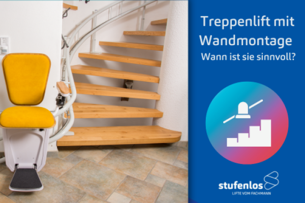 Treppenlift mit Wandmontage an einer geschwungenen Holztreppe – platzsparende und stabile Lösung für schmale Treppen. Ideal für mehr Barrierefreiheit im eigenen Zuhause.